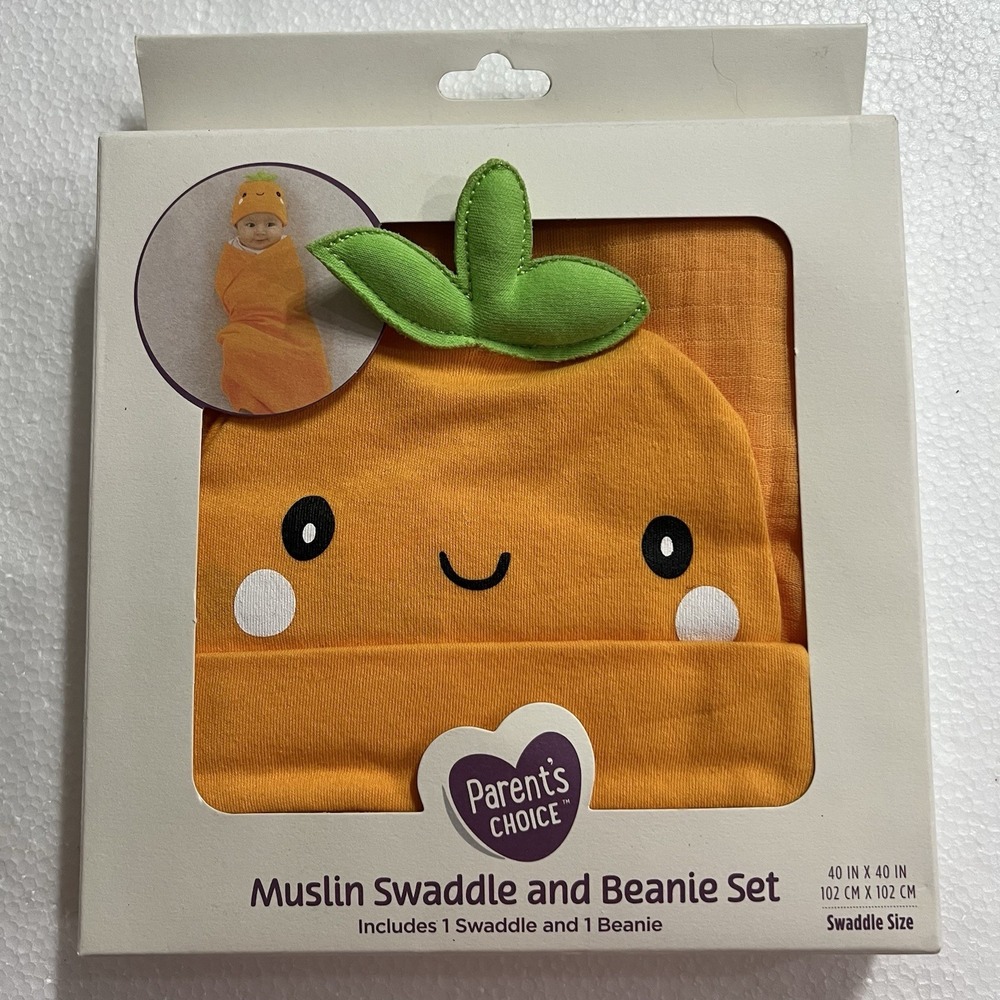 Parents Choice Muslin Swaddle and Beanie Cotton‎ Carrot Newborn Set